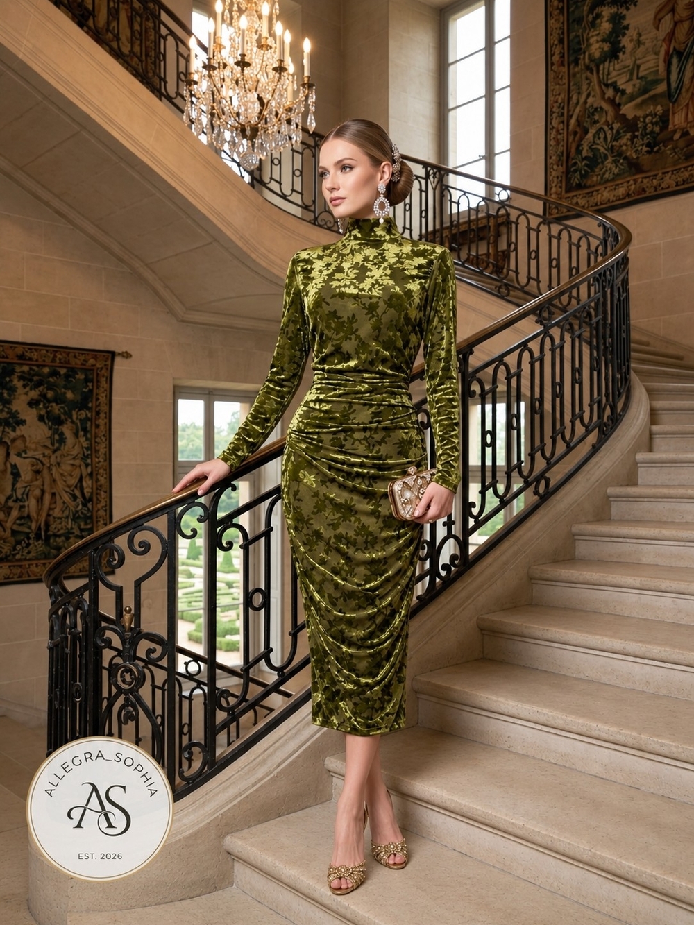 Belle By Badgley Mischka Kendall Olive Green Velvet Burnout Ruched Dress Size 0